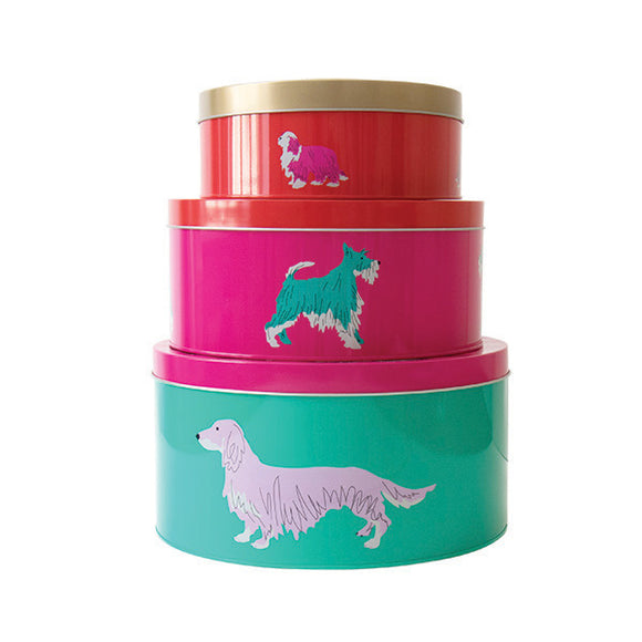 Joules Brights Set of 3 Nesting Cake Tins - Green & Pink Dog Print