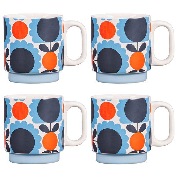 Orla Kiely Ceramic Stacking Mugs (Set of 4) - Scallop Flower Sky