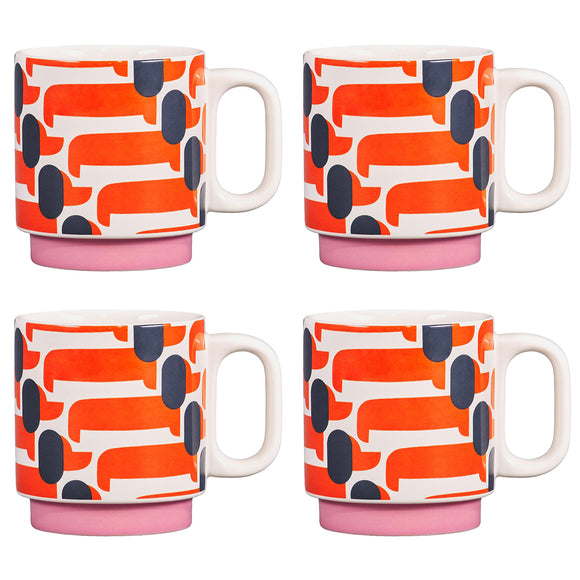 Orla Kiely Ceramic Stacking Mugs (Set of 4) - Dachshund Papaya