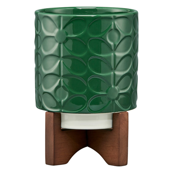 Orla Kiely Ceramic Plant Pot with Wooden Stand (Small) - 60s Stem Jade