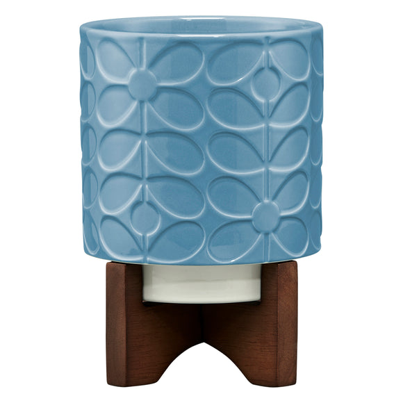 Orla Kiely Ceramic Plant Pot with Wooden Stand (Small) - 60s Stem Sky