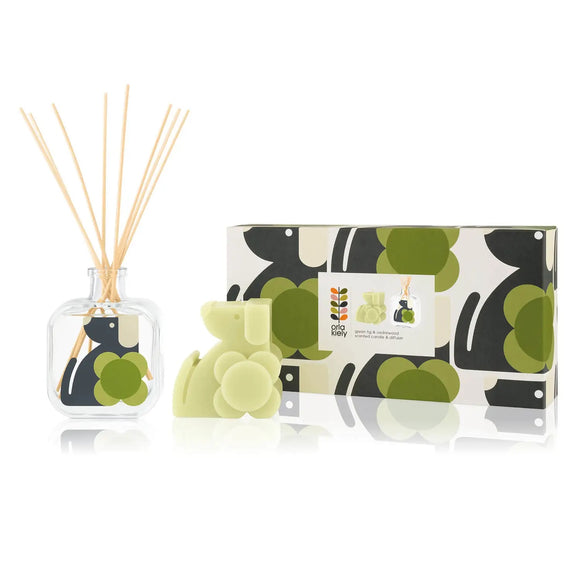Orla Kiely Dog Moulded Scented Candle and Reed Diffuser Gift Set - Green Fig & Cedar Wood