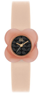 Orla Kiely Poppy Watch with Pink Resin Case, Black Dial and Cream Leather Strap