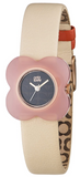 Orla Kiely Poppy Watch with Pink Resin Case, Black Dial and Cream Leather Strap