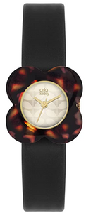 Orla Kiely Poppy Watch with Tortoiseshell Resin Case, Cream Dial and Black Leather Strap