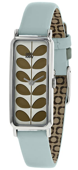 Orla Kiely Stem Watch with Stainless Steel Case, Olive Stem Print Dial and Sky Blue Strap