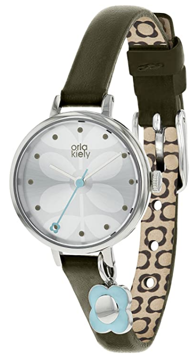 Orla Kiely Ivy Charm Watch with Polished Silver Case Silver Dial and Olive Leather Strap with Hanging Flower Charm
