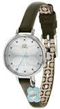 Orla Kiely Ivy Charm Watch with Polished Silver Case, Silver Dial and Olive Leather Strap with Hanging Flower Charm