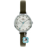Orla Kiely Ivy Charm Watch with Polished Silver Case, Silver Dial and Olive Leather Strap with Hanging Flower Charm