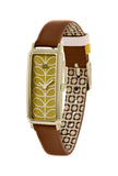 Orla Kiely Interchangeable Stem Watch with Gold Plated Case, Ochre Stem Print Dial with Tan and Pink Leather Strap