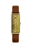 Orla Kiely Interchangeable Stem Watch with Gold Plated Case, Ochre Stem Print Dial with Tan and Pink Leather Strap