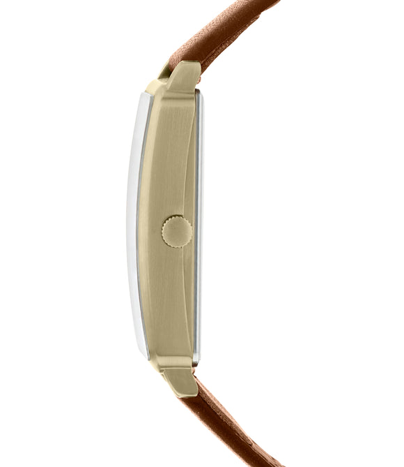 Orla Kiely Interchangeable Stem Watch with Gold Plated Case, Ochre Stem Print Dial with Tan and Pink Leather Strap