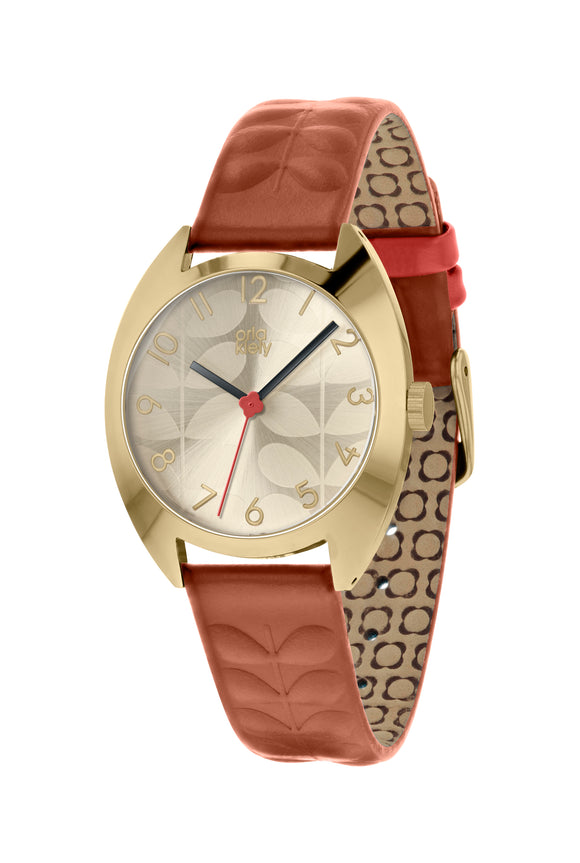 Orla Kiely Beatrice Ladies Tan Leather Strap Embossed Stem Print Watch