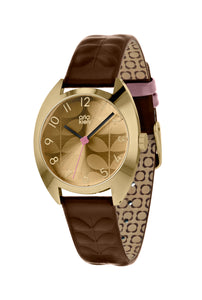 Orla Kiely Beatrice Ladies Dark Brown Leather Strap Embossed Stem Print Watch