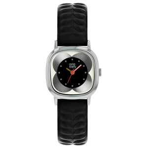 Orla Kiely 'Stem' Ladies Black Leather Strap Sqround Flower Dial Watch