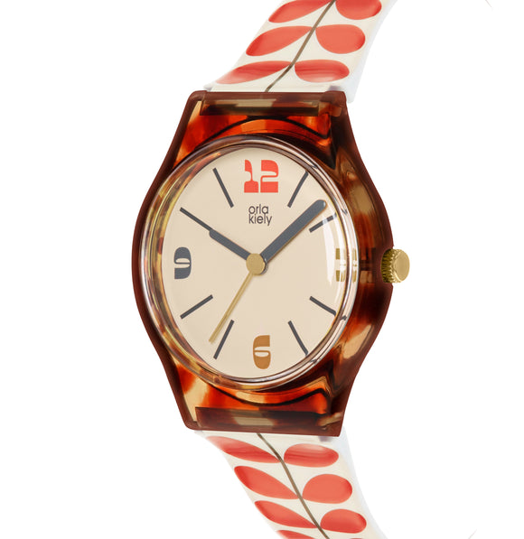 Orla Kiely Bobby Ladies Cream with Red Printed Plastic Strap Stem Print Watch