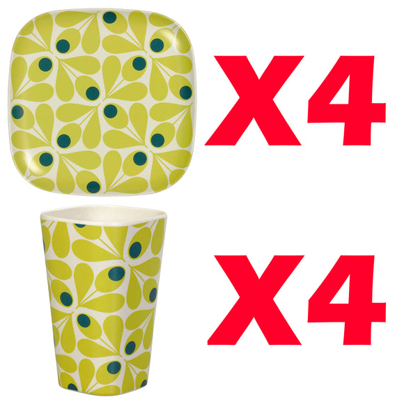 Orla Kiely Bamboo Set of 4 Side Plates & 4 Tumblers - Acorn Spot Elderflower
