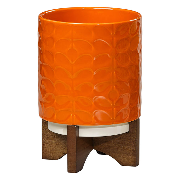 Orla Kiely Ceramic Plant Pot with Wooden Stand (Medium) - 60s Stem Poppy