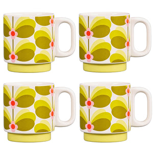Orla Kiely Ceramic Stacking Mugs (Set of 4) - Butterfly Stem Dandelion