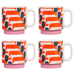 Orla Kiely Ceramic Stacking Mugs (Set of 4) - Dachshund Papaya