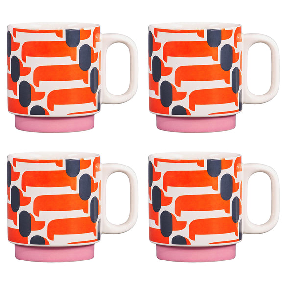 Orla Kiely Ceramic Stacking Mugs (Set of 4) - Dachshund Papaya