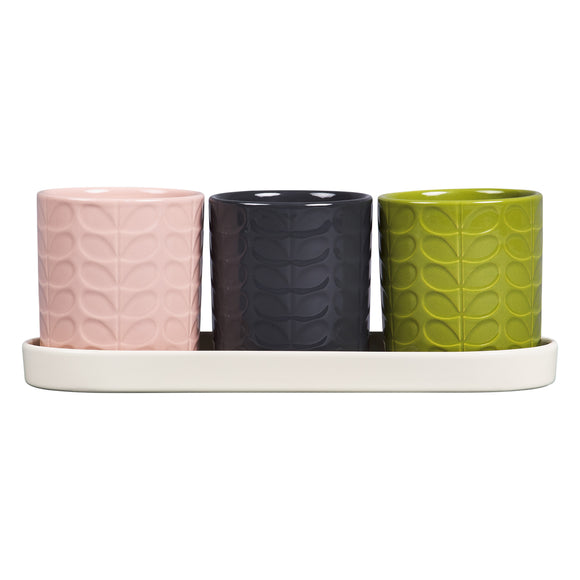 Orla Kiely Set of 3 Ceramic Herb Pots with Tray - Sixties Stem Multi