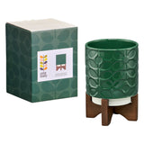 Orla Kiely Ceramic Plant Pot with Wooden Stand (Small) - 60s Stem Jade