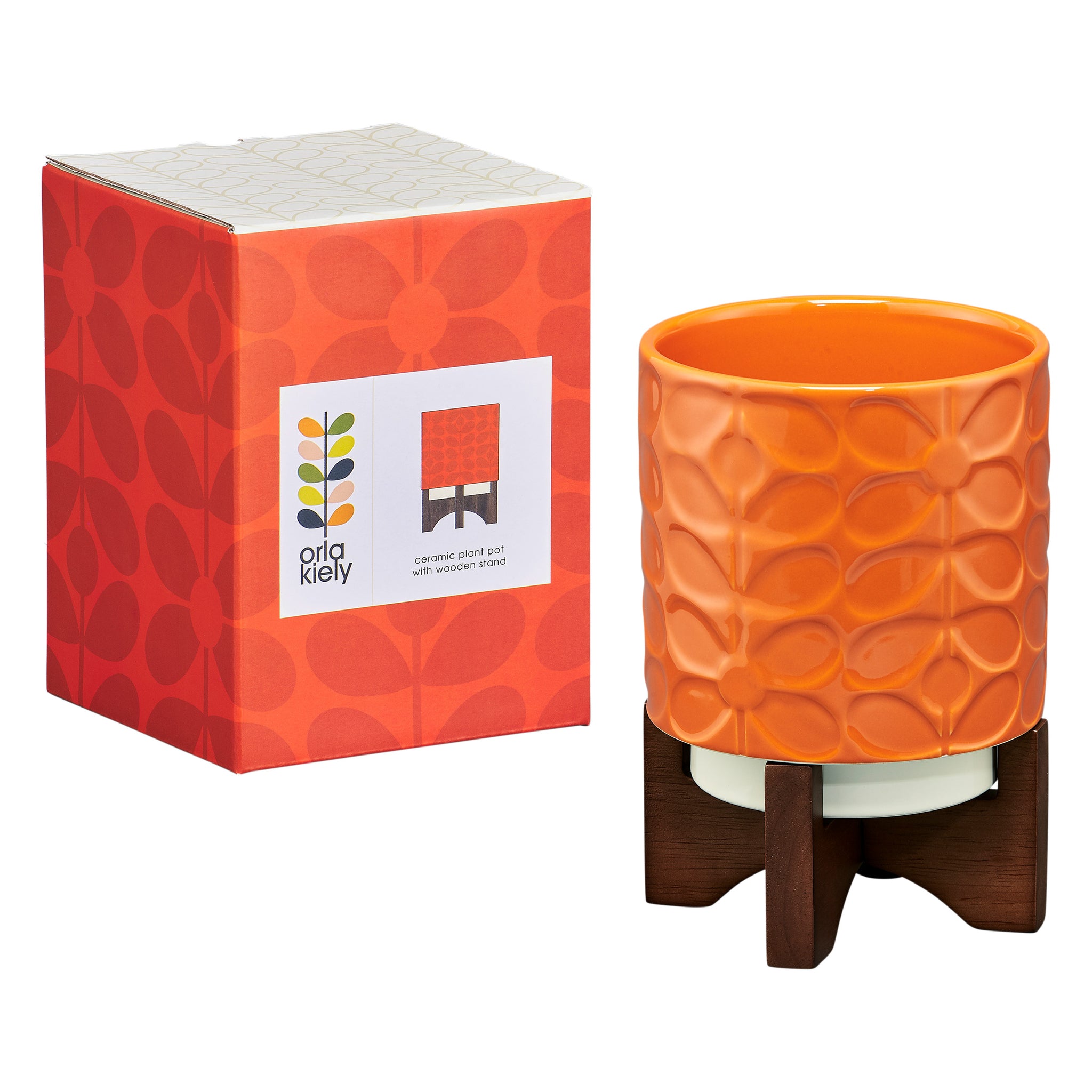 orla kiely plant pot with stand Orla Kiely Ceramic Plant Pot with Wooden Stand (Small)