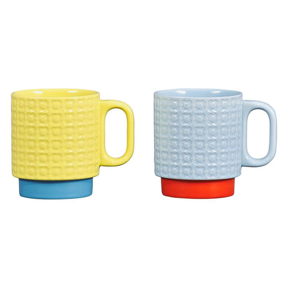 Orla Kiely Set of 2 Ceramic Stacking Mugs - Pressed Flower Yellow & Blue