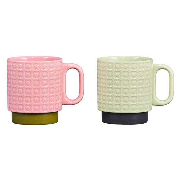 Orla Kiely Set of 2 Ceramic Stacking Mugs - Pressed Flower Pink & Green