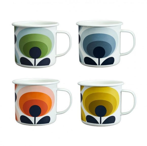 Orla Kiely Set of 4 Enamel Mugs (500ml) - 70s Oval Flower Assorted Colours