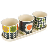 Orla Kiely Set of 3 Enamel Herb Pots + Tray - Big Spot (Shadow, Stem, Abacus)