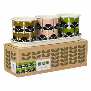Orla Kiely Set of 3 Enamel Herb Pots + Tray - Climbing Rose (Bark, Rose, Leaf)