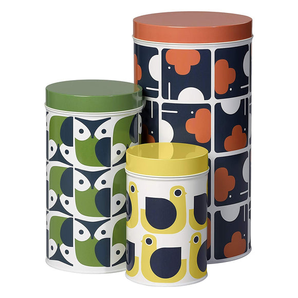 Orla Kiely Set of 3 Storage Tins/Canisters - Assorted Animals (Elephant, Owl, Hen)